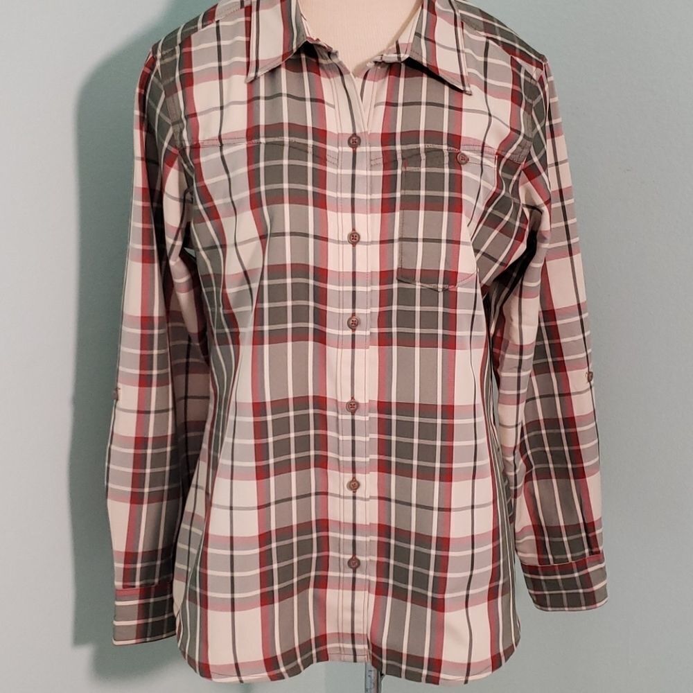 Ascend Plaid Button Down Shirt Womens Size L Red Grey Hiking Outdoors‎ Polyester